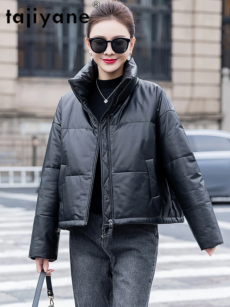 TAJIYANE 100% جلد البقر أوزة أسفل معطف امرأة أنيقة قصيرة سترة منفوخة لوكس سترات من الجلد الطبيعي 2025 ملابس حريمي 신상 Jadiitet