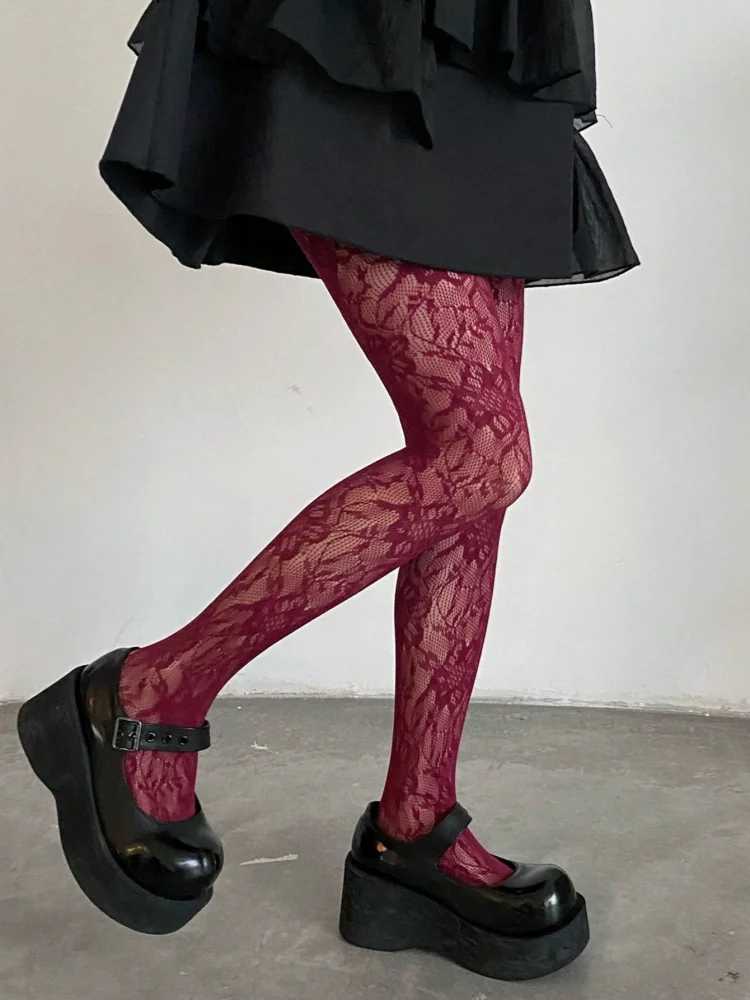 1pc Fashion Gothic Flower Hollow Out Sexy Pantyhose Women Fishnet Wine Red Ins Hot Girls JK Tights High Elastic Hipster Leggings