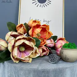 SunMade High-end Hand Feel Magnolia Branch with Green Leaves Home Wedding Decoration Flores Artificales Fall Decore Fake Flowers
