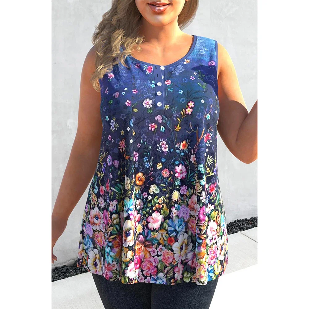 Camiseta sin mangas informal con cuello redondo y botones decorativos, estampado Floral de verano, talla grande