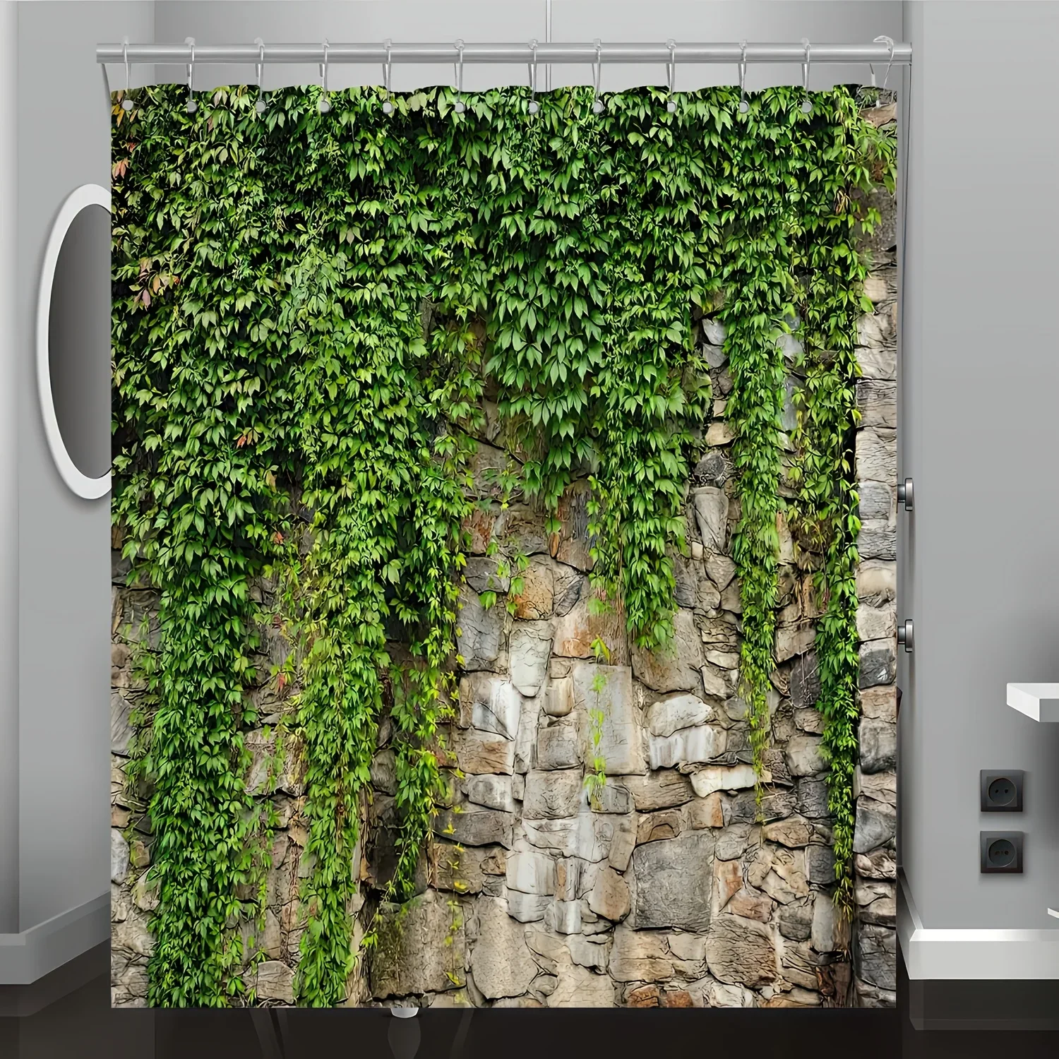 Tirai Mandi Tahan Air Dinding Batu dengan Ivy untuk Dekorasi Kamar Mandi, Desain Terinspirasi Alam, Warna Cerah, Gaya Unik