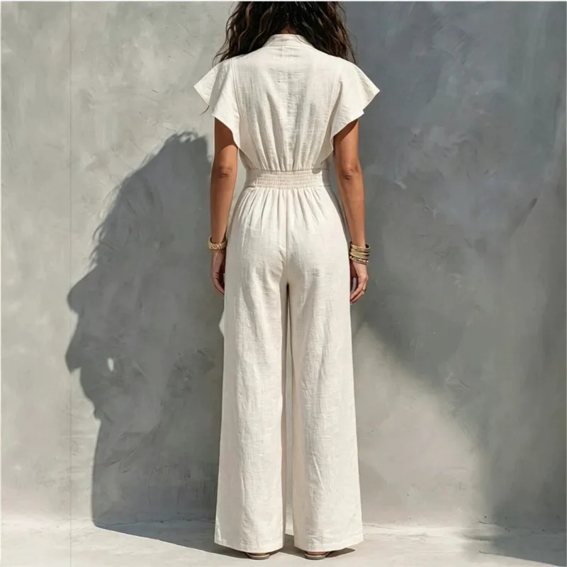 2026 New Summer Women's Jumpsuit With Ruffle Sleeves Fashionable And Comfortable Solid Color Simple Retro And Versatile Jumpsuit