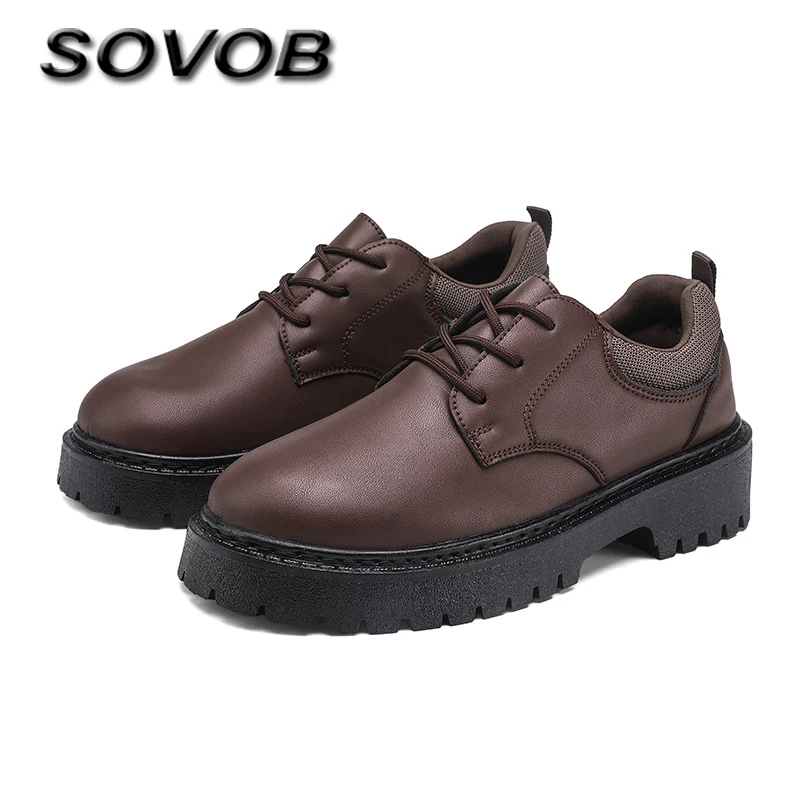 

New Brown Men's Oxford Shoes Comfortable Round Head Derby Shoes For Men Lace-Up Platform Male Casual Leather Shoes Zapatos Derby