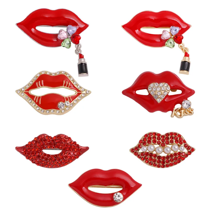 Hot sexy temptation red lips female luxury brooch shiny crystal temperament upscale kiss pin personalized clothing jewelry gift