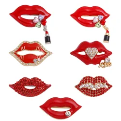 Hot sexy temptation red lips female luxury brooch shiny crystal temperament upscale kiss pin personalized clothing jewelry gift