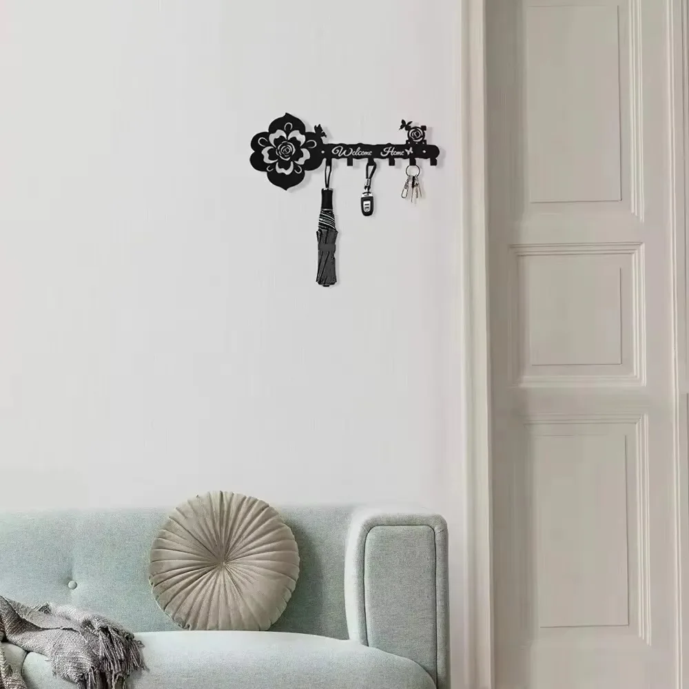 Coffee Cup Key Organizer Metal Wall Art Iron Hooks Entryway Hanging Mural Modern Decor Gift