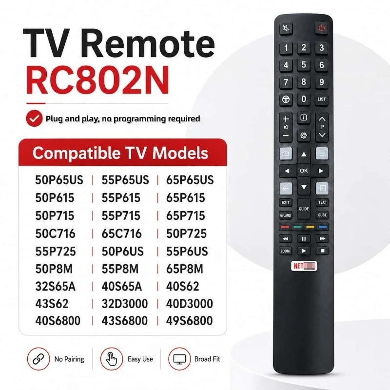 Suitable for TCL RC802N TV Remote Control Replacement Smart TV Remote Controller Plug & Play No Setup
