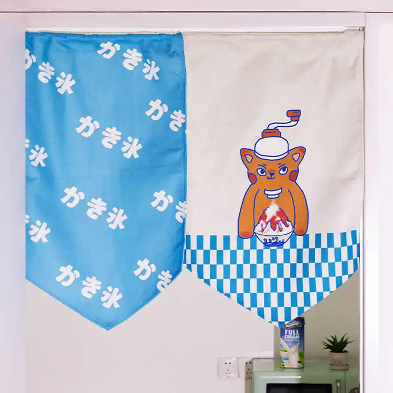 VIKAMA Japanese Shaved Ice Cat Check Single Valance Curtain Velcro Punch Free Dessert Shop Oriental Fabric Store Front Curtain