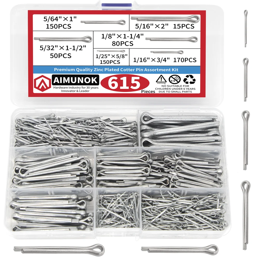 

615PCS Zinc Plated Cotter Pins Kit Alloy Steel Rust-Resistant Multi-Size for Bike/Car/Lawn Mower & Power Equipment Bulk 30/50PCS