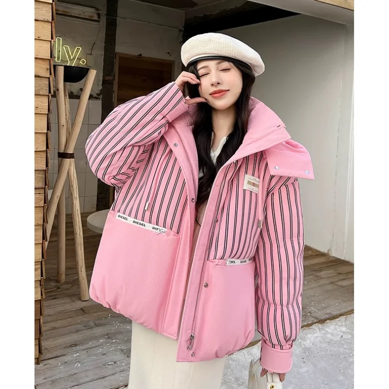 2024 New Winter Puffer Coats Jackets for Women Color Collision Striped Down Jacket Thickened Warm Snow Short Women\'s Outerwears