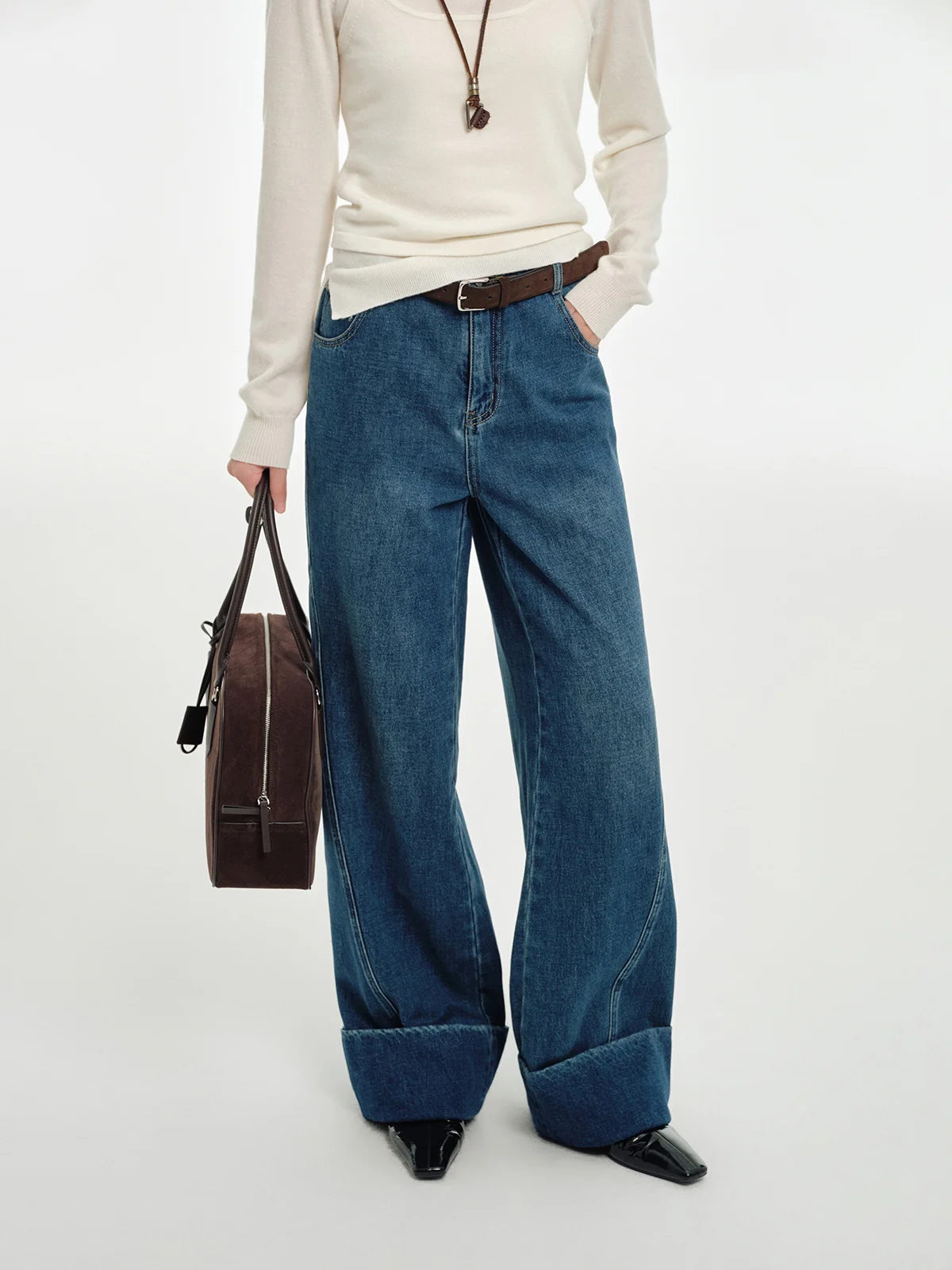 

JUSLIN винтажные прямые джинсы длиной до пола с завязками, дизайнерская перегородка с дуговой талией, молодежная повседневная однотонная джинсовая ткань K39