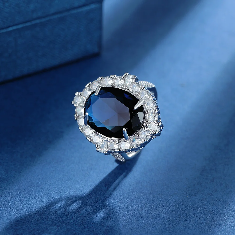 

Oval Cut Created Blue Sapphire 925 Sterling Silver Ring Adjustable for Women Luxury Gemstone Jewelry Wedding Gift