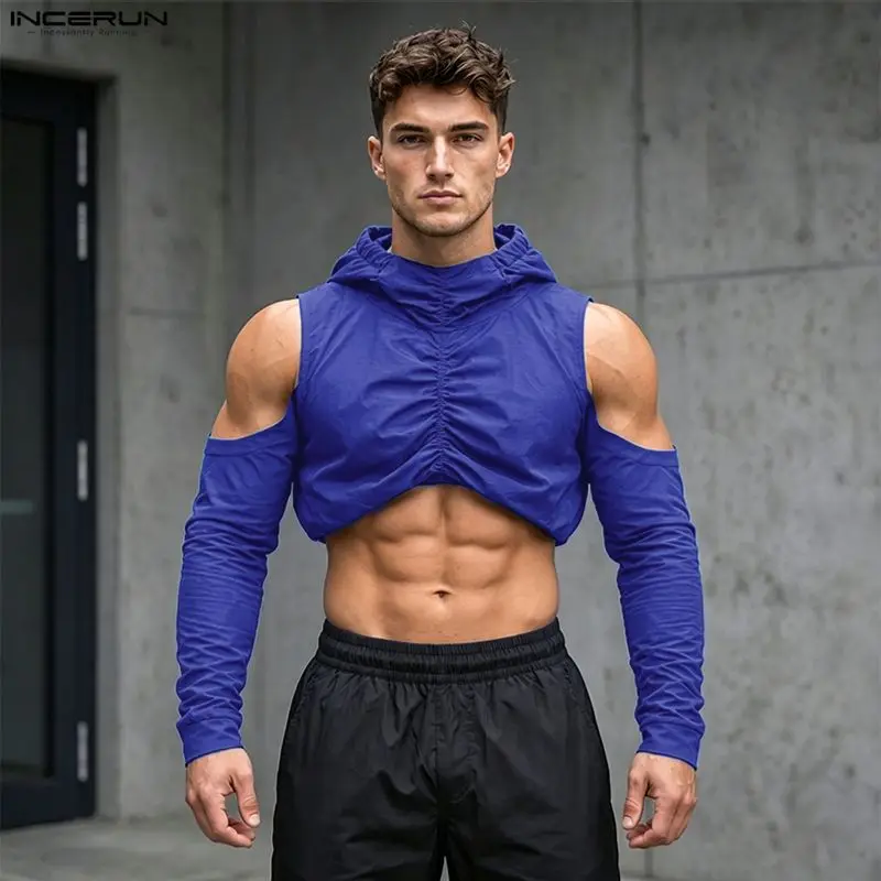 INCERUN Men's T Shirt Solid Color Pleated Off Shoulder Long Sleeve Hooded Men Clothes Streetwear Loose 2026 Crop Tops For Man