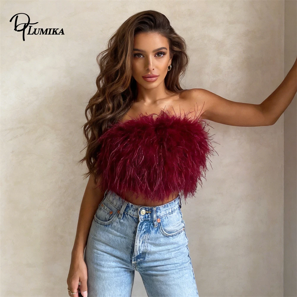 Women's Feather Strapless Crop Top Sleeveless Bandeau Party Club Trendy Y2K Sexy Casual Streetwear Outfit Cocktail Trendy Top
