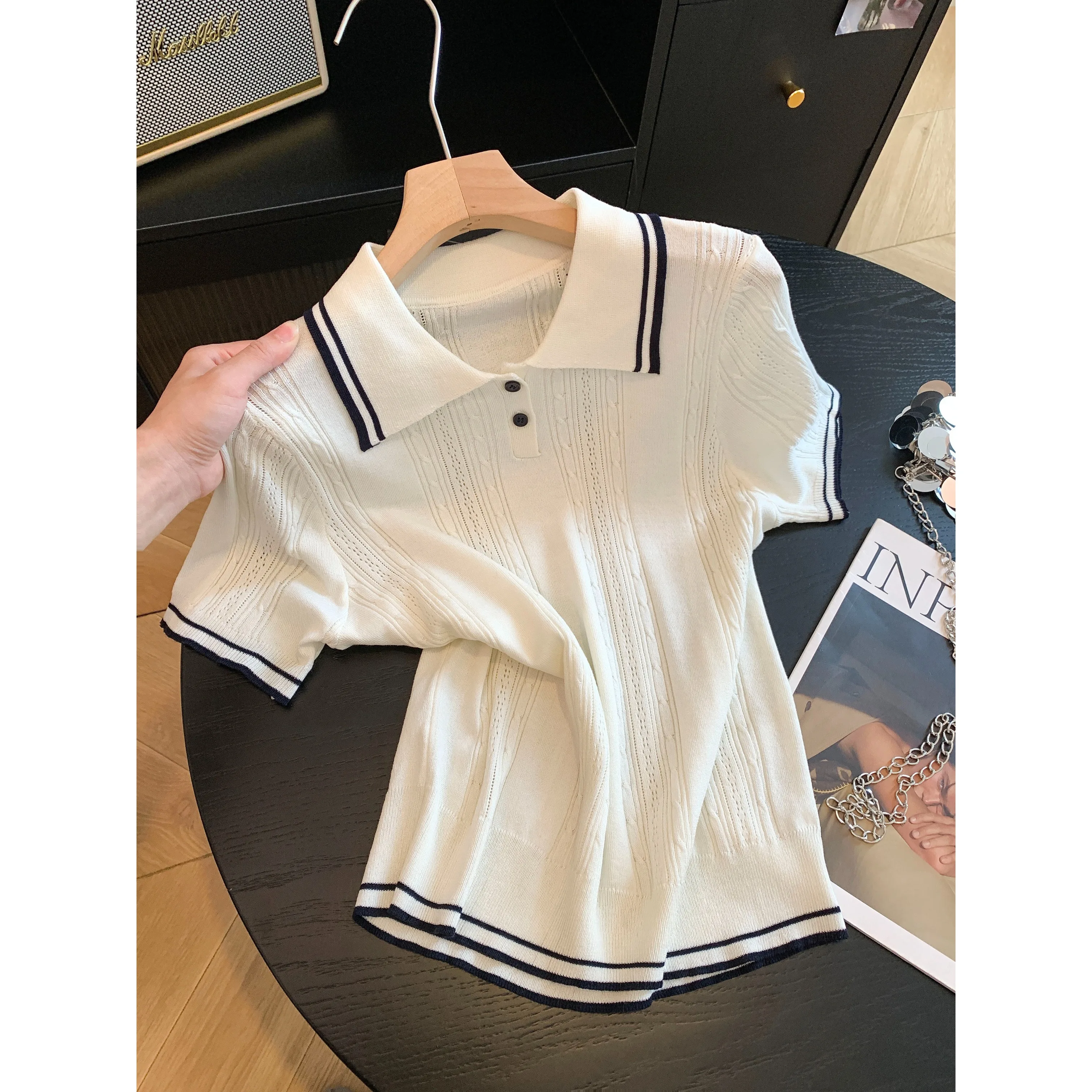 

Korean Style Neck Short Sleeve Knitted T-Shirt Women's Fashion Slim Fit Summer New Unique Beautiful Top Outdoor Wind