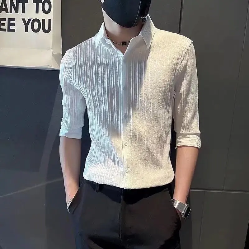 

Men's seven quarter sleeved ice silk shirt short sleeved men's thin shirt trendy casual fashion outstanding half sleeved top