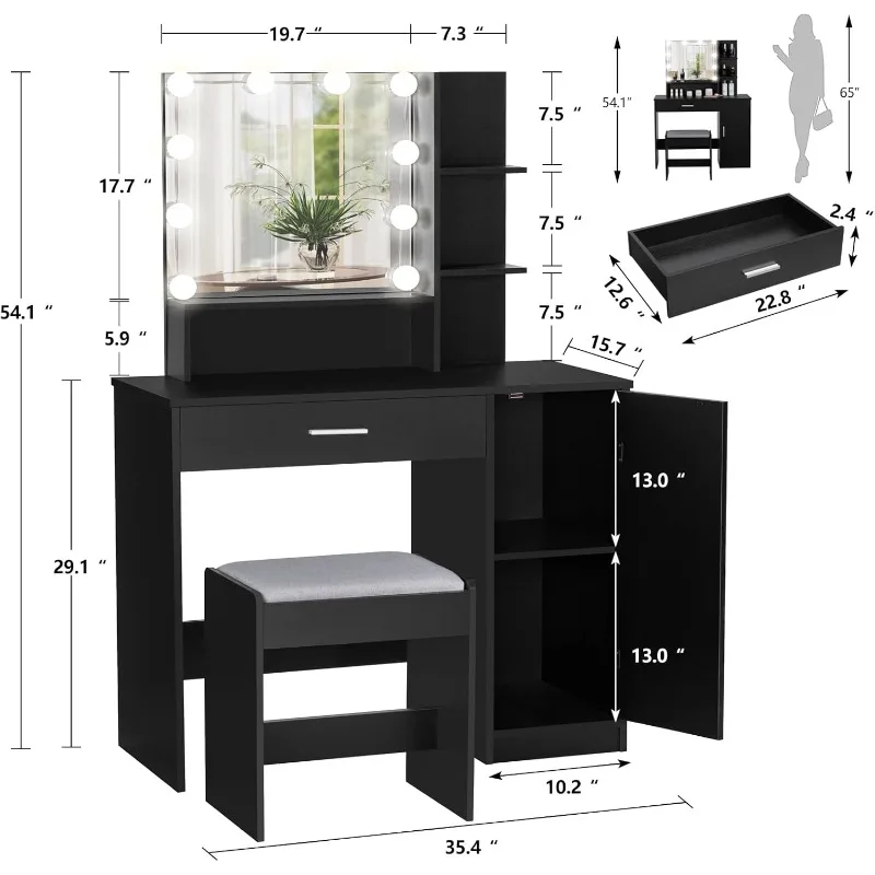 Makeup Vanity Desk for Valentine's Day, Set with 1 Drawer, Cabinet & 3 Shelves, Table Stool Bedroom, Lighting Modes Brightness