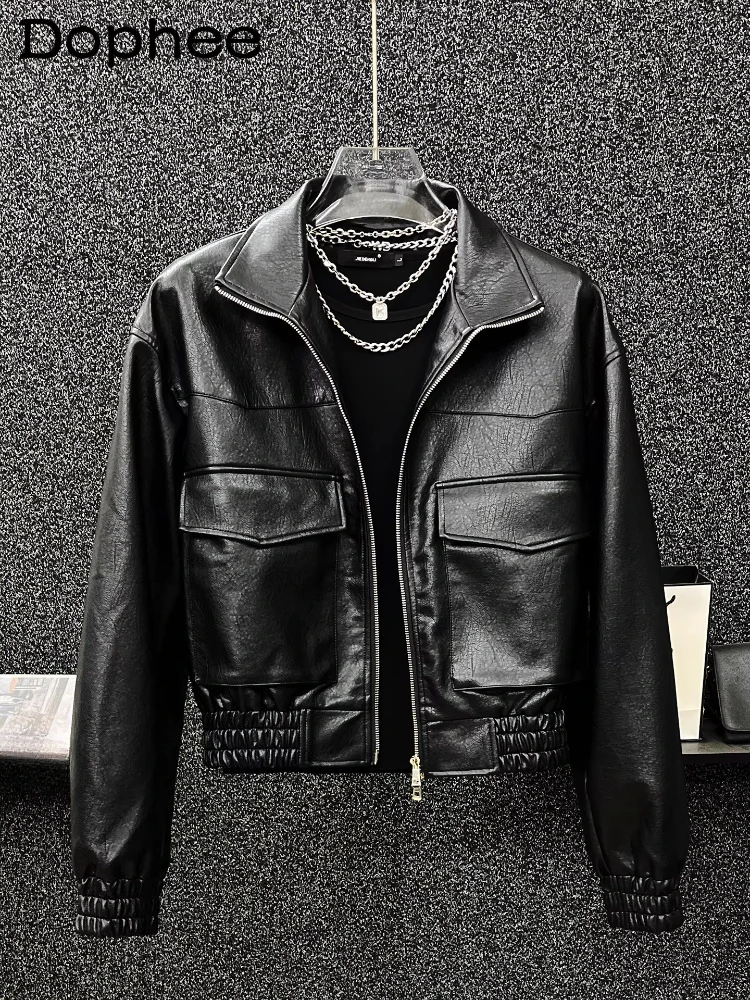 

2025 Men's Autumn Winter Fashion Faux Leather Jackets Men's Stylish Lapel Large Pocket Stylish Versatile PU Leather Jacket Coats