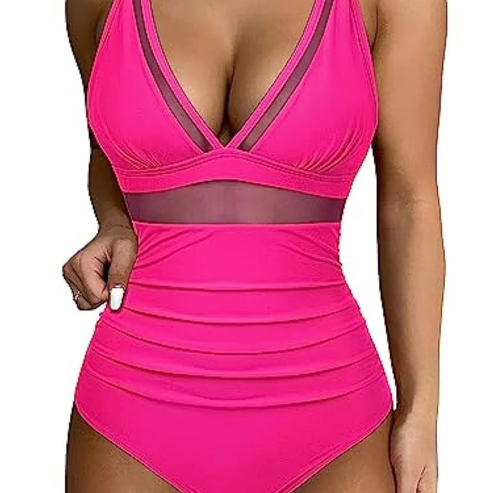 Sexy Hollow Out Mesh One Piece Swimsuit Deep V Push Up Perspective Bikini Beachwear Monokini One Piece Swimwear Tankini Swimsuit