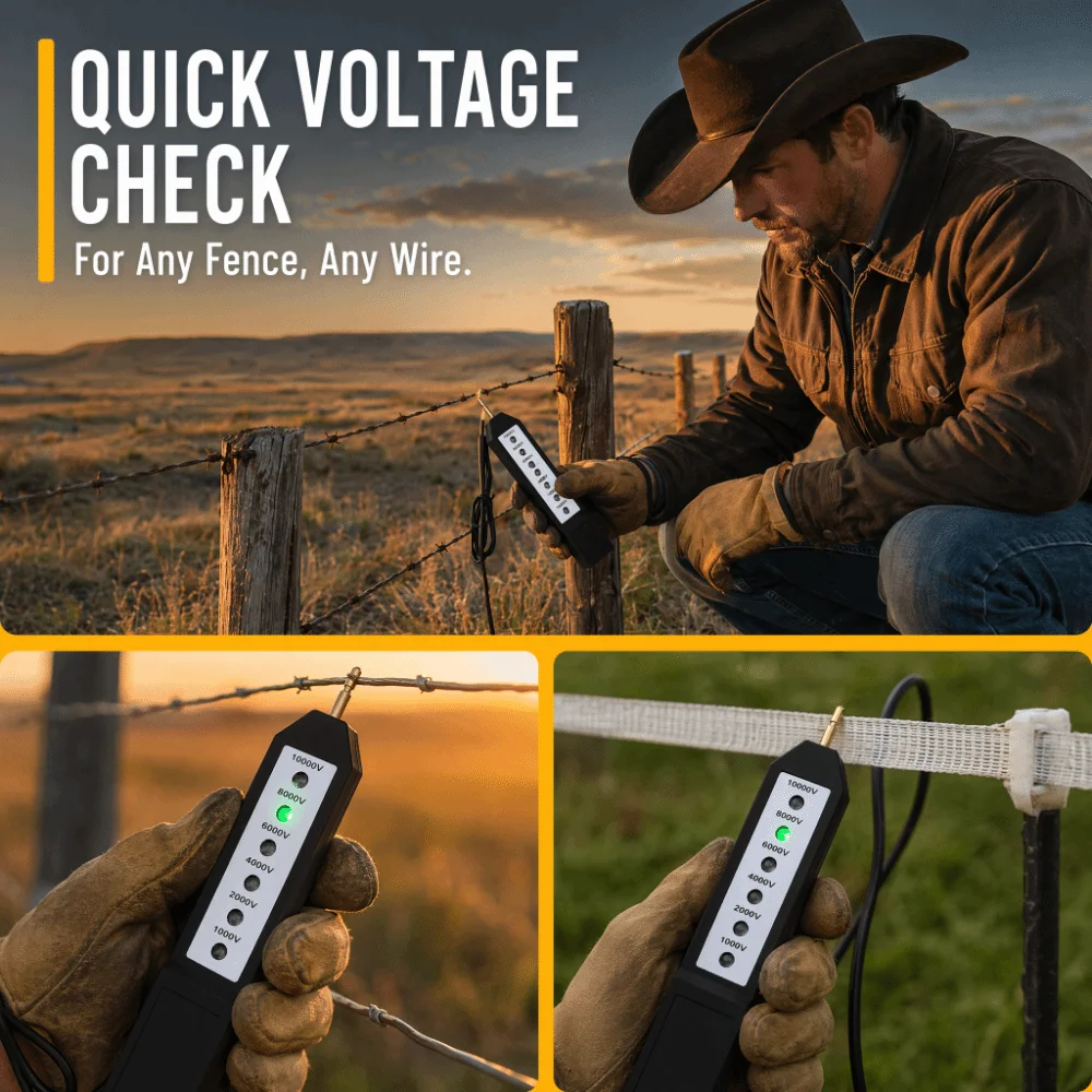 10KV Range Electric Fence Tester Waterproof Durable Voltage Meter Tester 6Pcs Indicator Lights 1000-10000V Fence Voltage Meter
