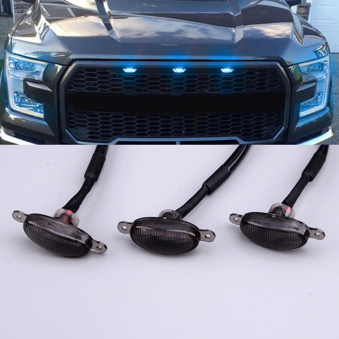 3Pcs/Set Car Ice Blue LED Front Bumper Grill Grille DRL Daytime Running Lights Fit For Ford F-150 Raptor 2018-2012 2011 2010