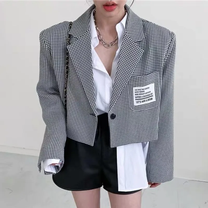 

Plaid ort Suit Jaet Women's Loose Fit Vintage Sle Button up Cotton Cheered Workwear Faion Autumn New Arrival