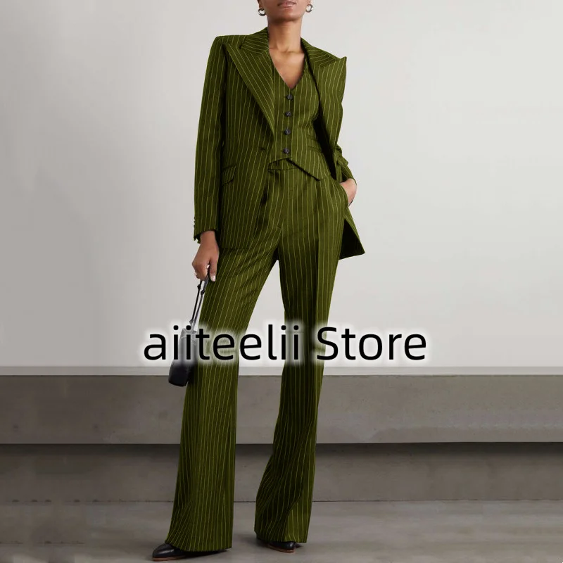 Veste à revers coupe couvertes rayée trempée pour femme, simple boutonnage, col en verre, mode professionnelle, 3 pièces