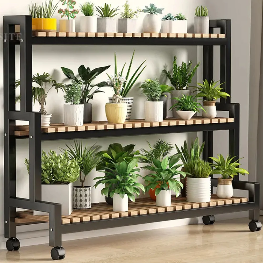 Outdoor Plant Shelf Iron Mobile Flower Racks Luxury Metal Flower Stand Floor Standing Storage Rack Multi Functional Storage Rack