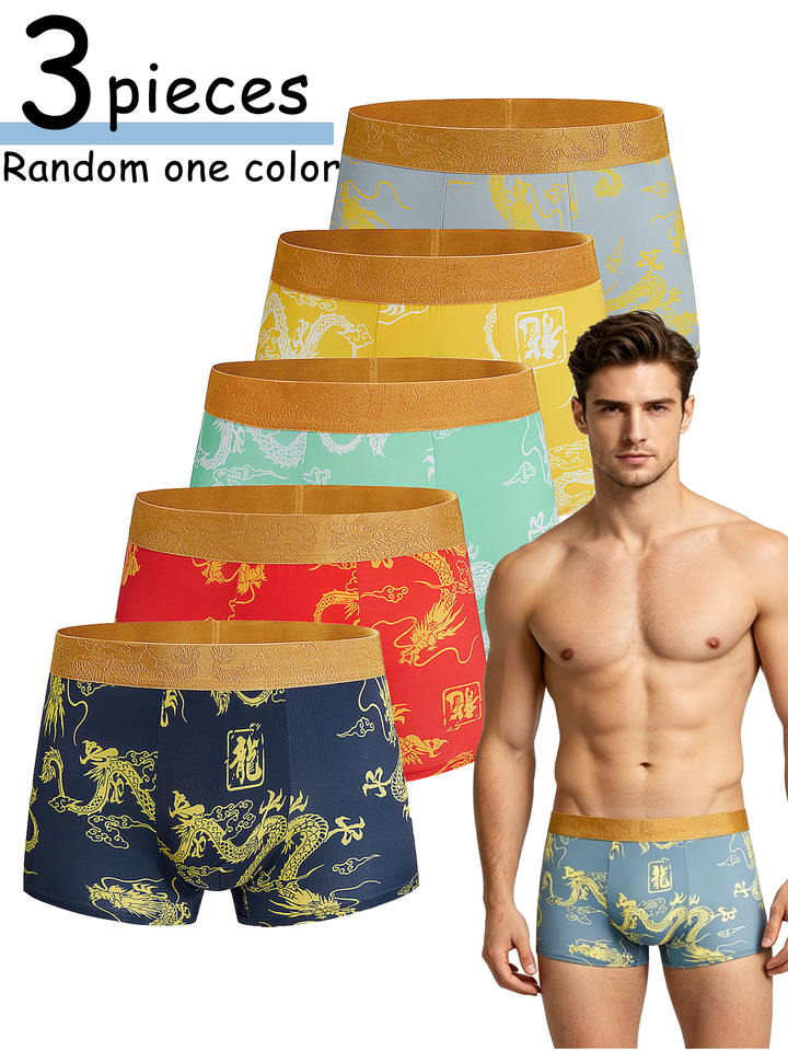  Men's 3pcs Dragon Print Flat Corner Underwear, Soft and Breathable, with Luxurious Gold Waistband and Random Color Shorts Inside 