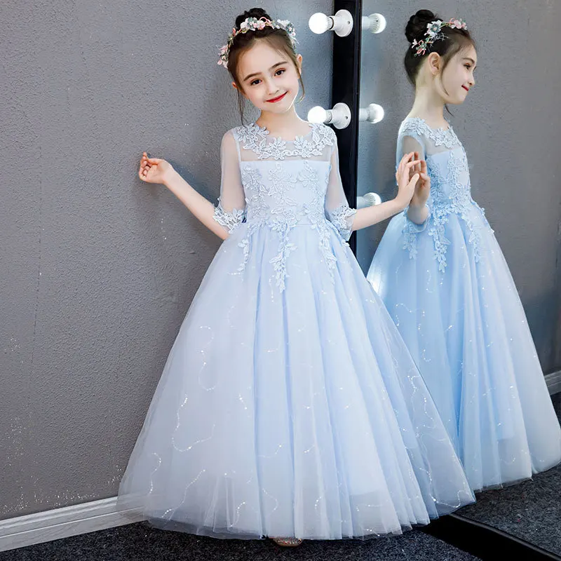 New Winter Solid Long Embroidery Princess Costume Children Party Wedding Evening Dresses for Girls Birthday Vestidos 4-12 Age