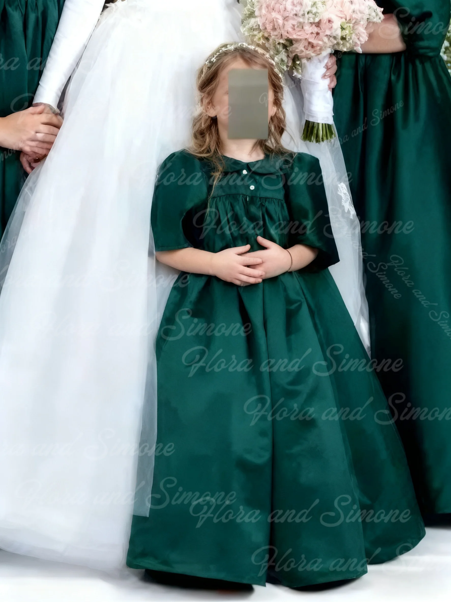 فستان فتاة الزهور الخضراء لحفلات الزفاف بأكمام قصيرة منتفخ من الساتان بطول الأرض لعيد ميلاد الأطفال أول مناولة مخصصة