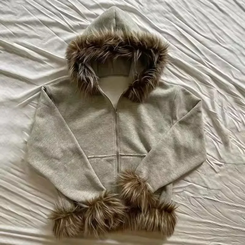 Y2k Streetwear Vintage Warm Cardigan Loose Hoodie Women Winter Fashion Fur Collar Hat Goth Hoodie Harajuku Zipper Sweatshirt
