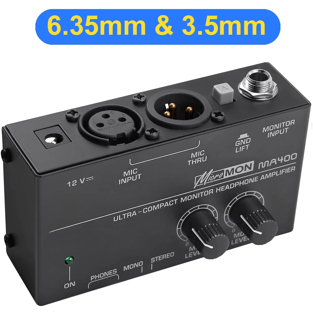 

MA400 Monitor Headphone Amplifier for XLR Microphone & Audio Signal 6.35mm & 3.5mm Headphone Outputs with 12V Power Supply EU/US