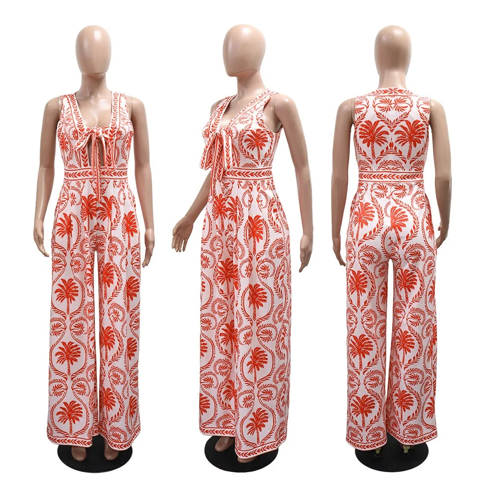 Elegant Jumpsuits & Rompers for Women Red Printed V Neck Sleeveless Fashion Ladies Birthday Party Dinner Overalls Clothes Outfit