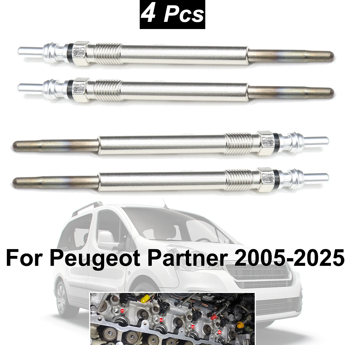

Комплект из 4 никелированных свечей накаливания 5V для Peugeot Partner 2005-2025 1.6 HDi Diesel, артикулы 1612736680, 5960E6