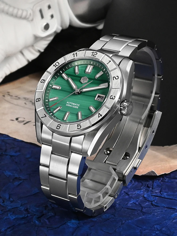 San Martin 42mm Montre Homme De Luxe Vert Malachite Cadran En Acier Inoxydable Mécanique Montre-Bracelet Saphir Étanche 10Bar SN0130G-B