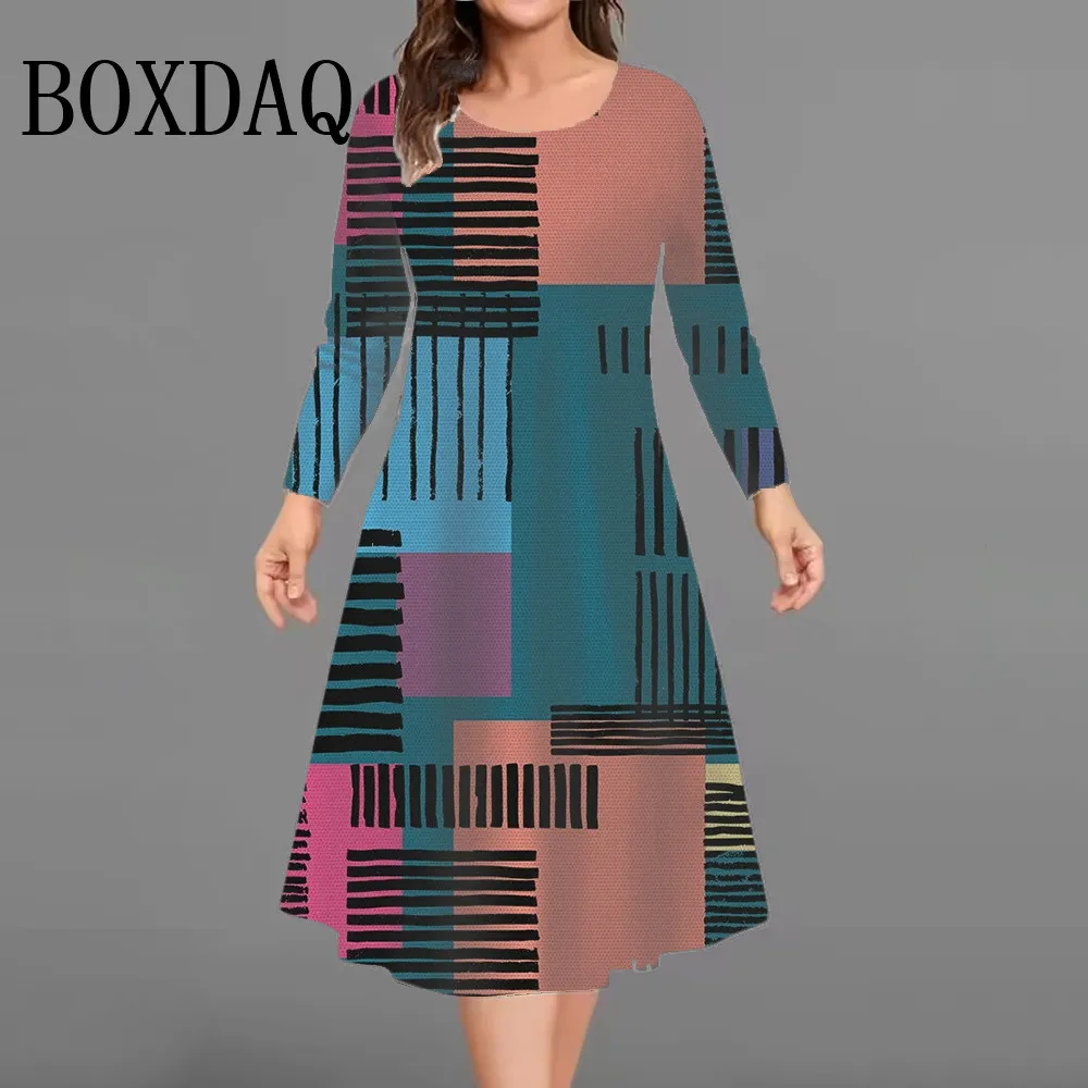 

8XL 9XL женские платья больших размеров в полоску с геометрическим принтом, осенние повседневные платья трапециевидной формы с длинными рукавами, свободная женская одежда больших размеров
