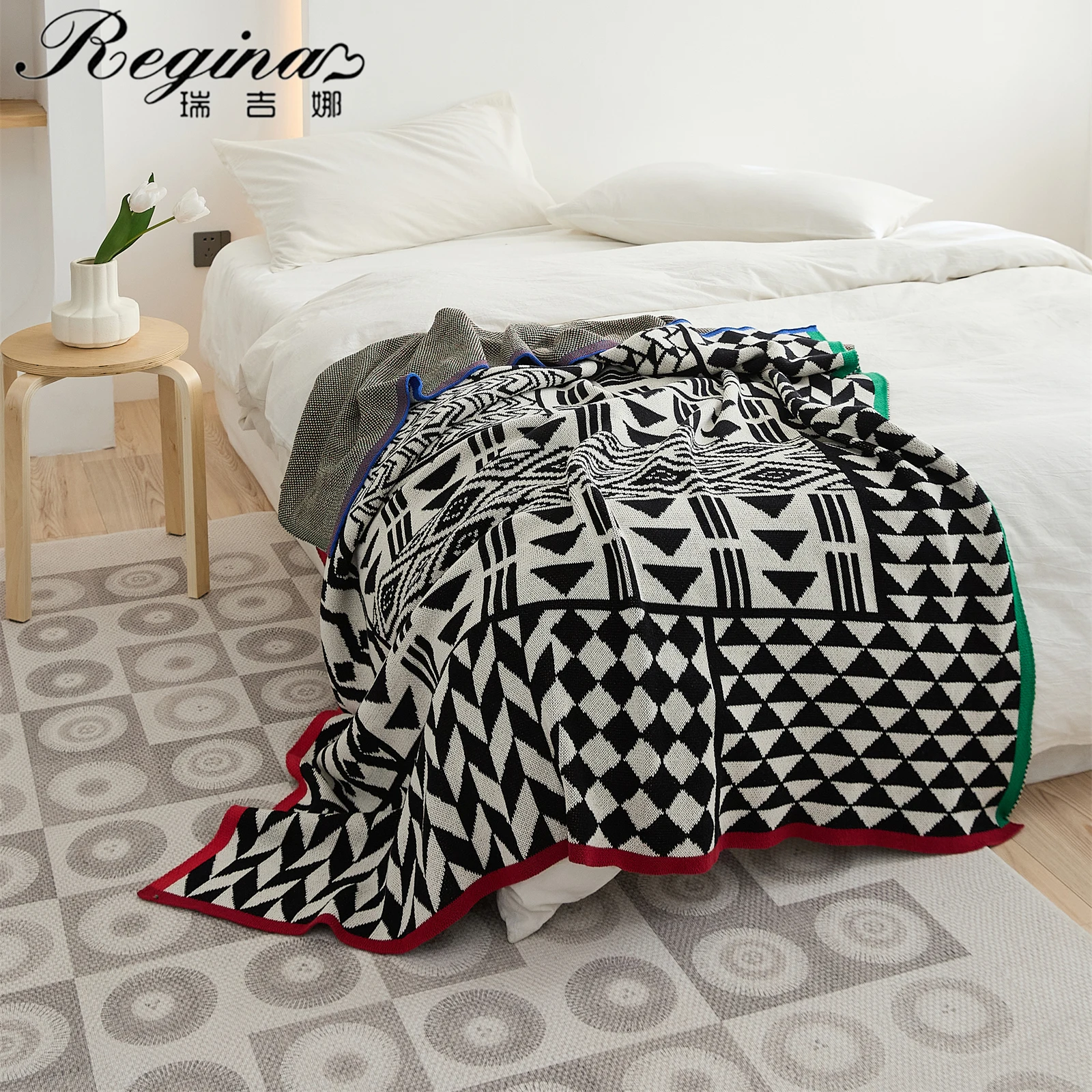 REGINA Various Geometric Patterns Blankets Elegant Black Gray Vivacious Bright Stripe Edge Cotton Blanket Leisure TV Nap Blanket