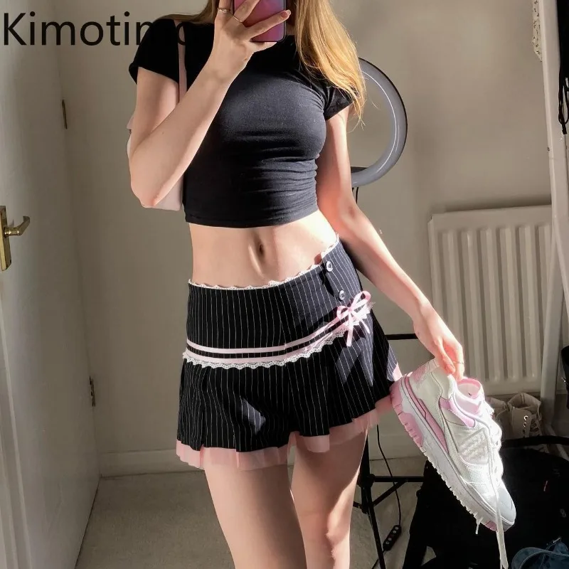 

Kimotimo Retro Striped Lace Spliced Bow Mini Skirt Women Sexy Low Waist Slim Fit A-line Ruffle Skirts Sweet Fashion Y2k Faldas