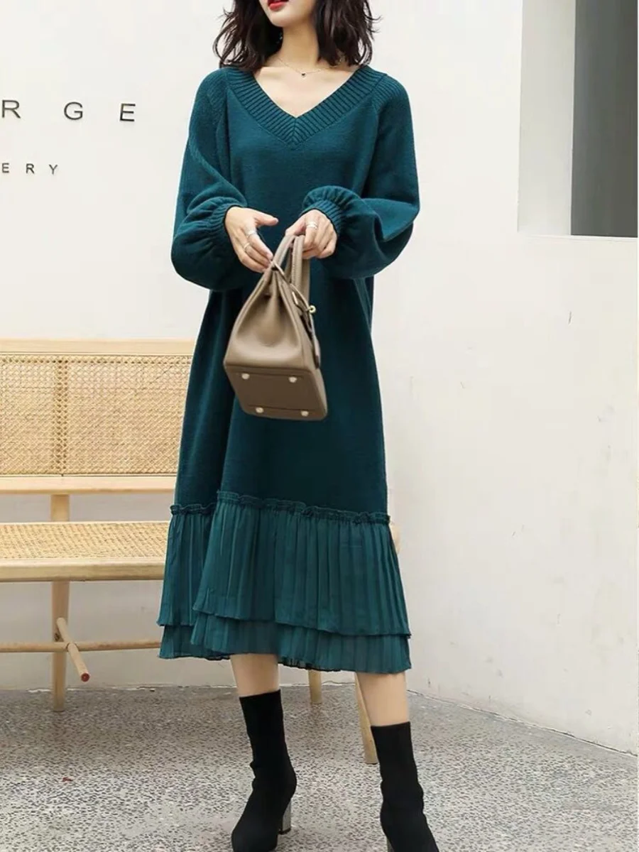 Plus Size 00.00kg Plus size women clothing over the Knee Sweater Long dress Chubby Girl Loose Slimming Autumn and Winter Patc...