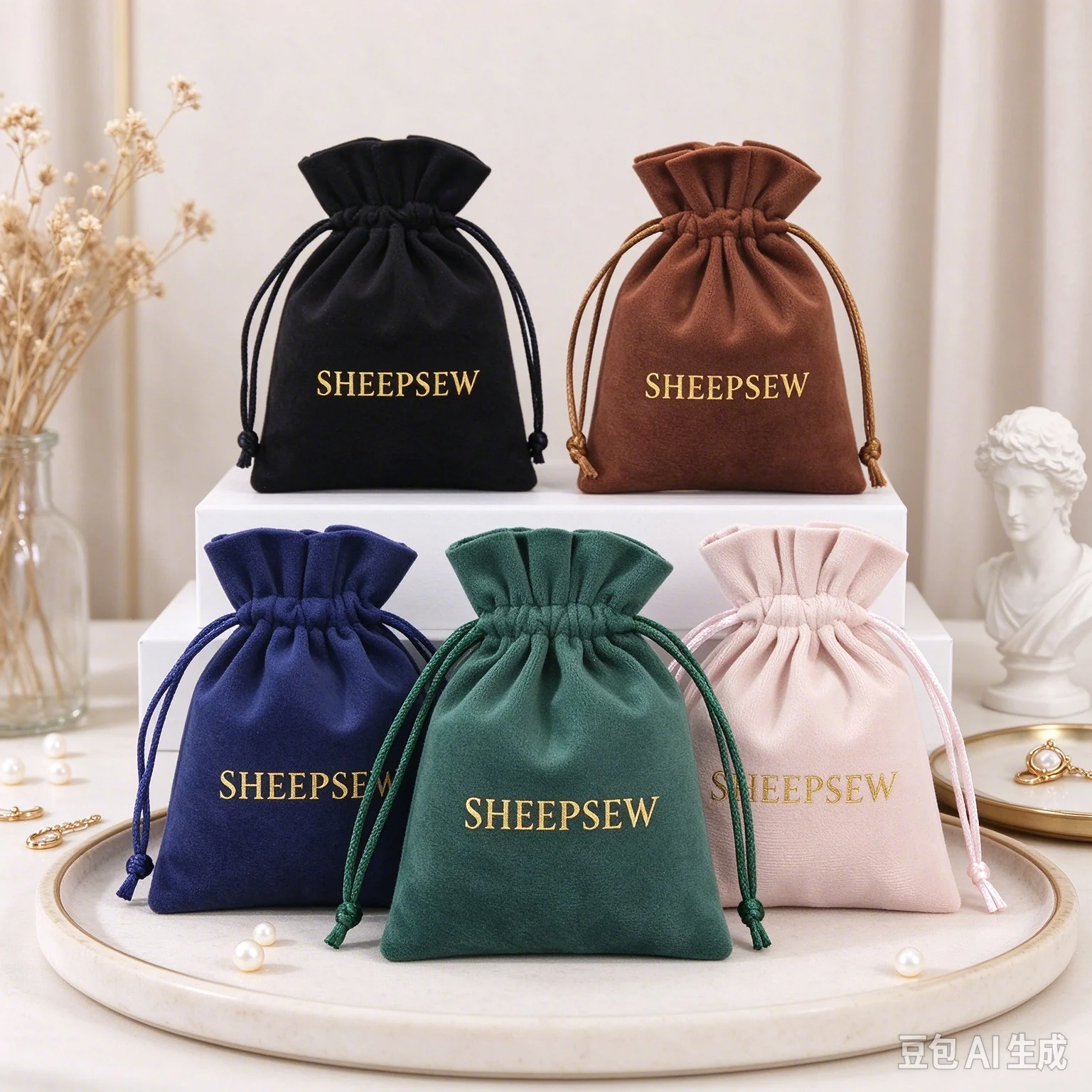 SHEEPSEW 100Pcs Custom Logo Plush Velvet Drawstring Pouches Wedding Favor Jewelry Small Storage Packaging Bags