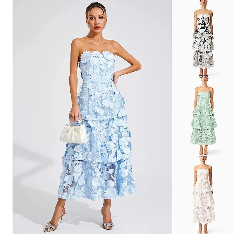Elegantes Damenkleid mit 3D-Blumenstickerei, Trägerloses Festkleid, Romantischer Party-Jumpsuit & Passendes Set für Frühling und Sommer