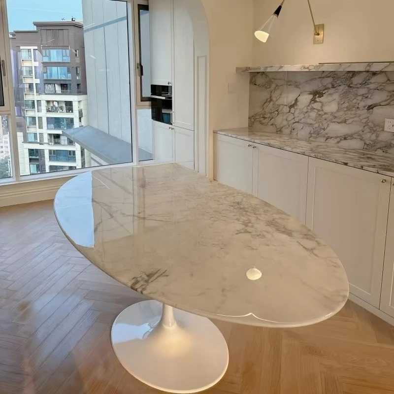 Luxury White Marble Natural Stone Statue Tulip Table Modern Home Hotel Apartment Oval Dining Table Center