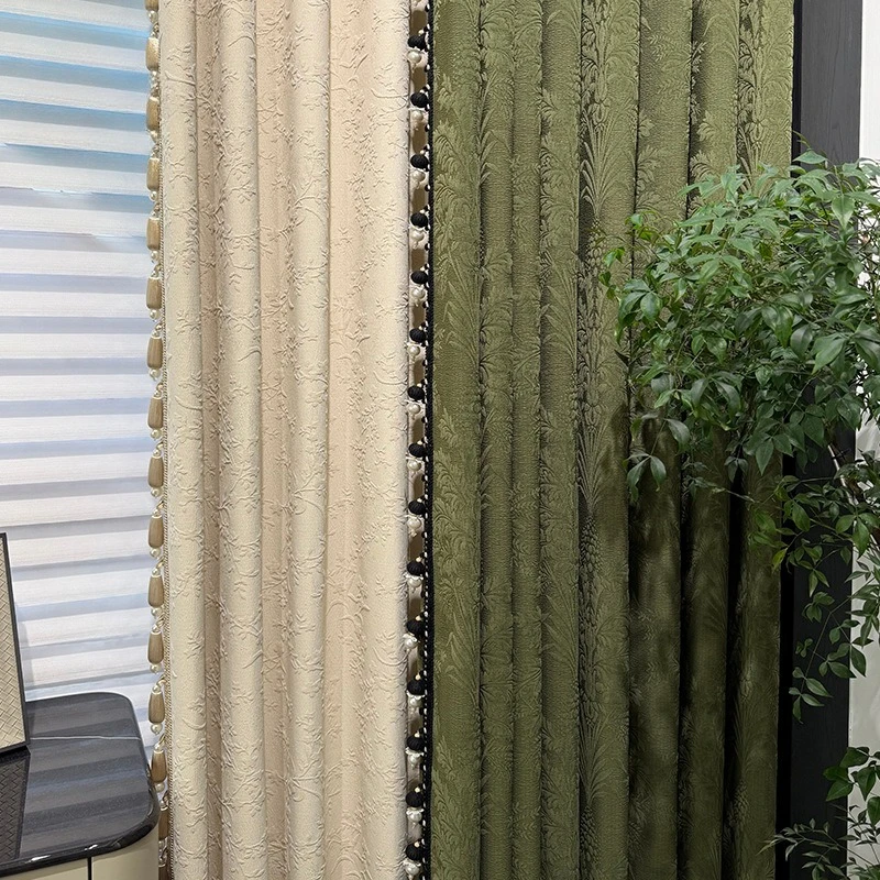 New Green Cream White Chenille Jacquard Curtains for Living Room Bedroom French Window Customized Finished Partition Curtain