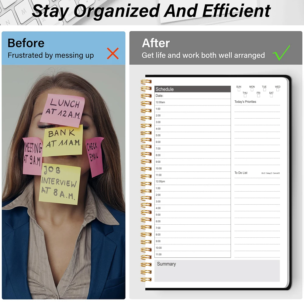 Daily Planner Undated, To Do List Notebook with Hourly Schedule Calendars Meal, Spiral Appointment Organizers Notebook for Man/W