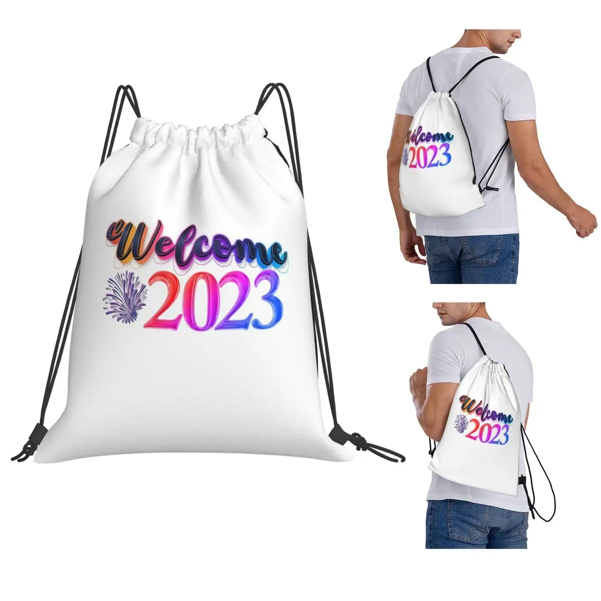 

Happy New Year 2023 Backpacks Portable Drawstring Bags Sundries Bag Book Bags for Man Woman Students