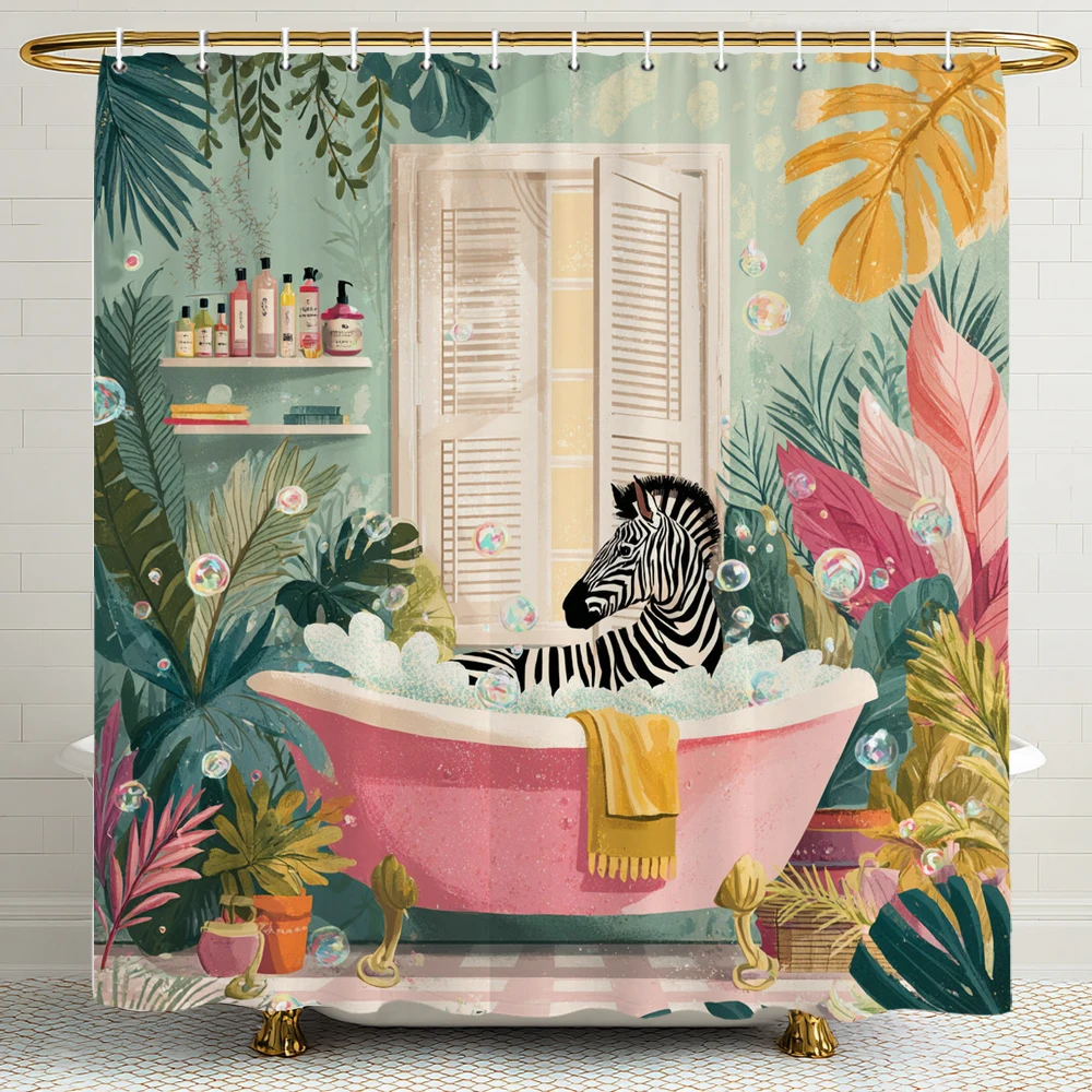 

Bathroom Zebra Shower Curtain, Floral Plants, Animal pattern Bathroom Decorative Shower Curtain, Print Shower Curtain with Hooks