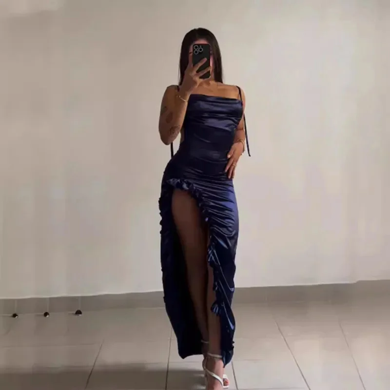 Women Sexy Satin Bodycon Long Dress Vintage Backless Strapless Ruffles Fork Party Club Elegant Evening Dresses Female Vestidos