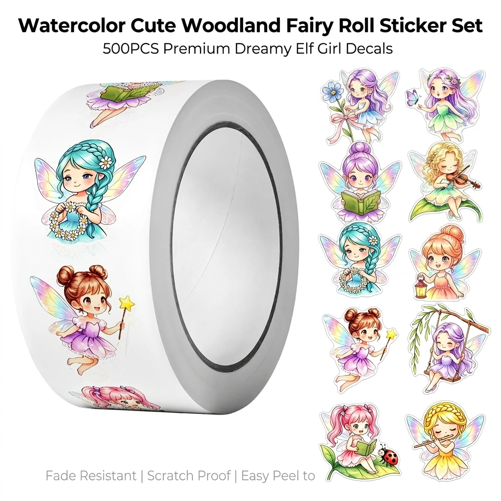 500Pcs Watercolor Cute Woodland Fairy Roll Sticker Set Dreamy Elf Cirl Decals Journals & Planners Stationery Packaging Labels