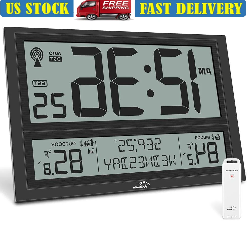 Extra Large Atomic Clock Battery Operated with Indoor Outdoor Temperature Display Auto DST High Contrast Jumbo Digits Easy to